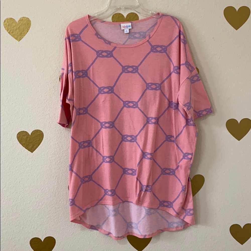 Lularoe Irma  Pink top w/ purple knot design M
